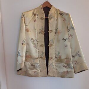 Peony Brand Satin Brocade Reversible Chinese Jacket Gold/Black Frog Closures XL